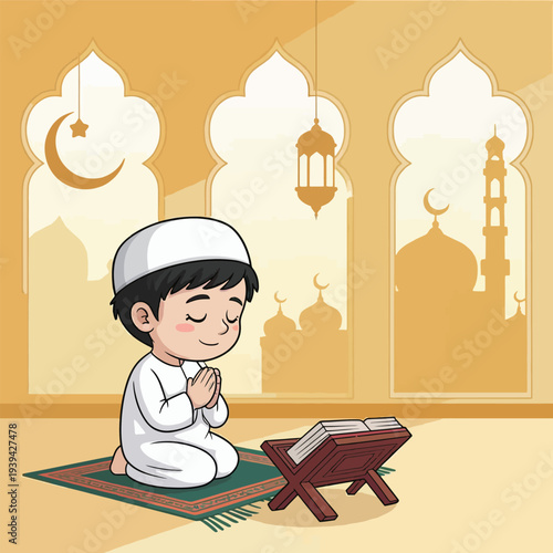 Cartoon illustration of a boy reading quran at a mosque for learning and education