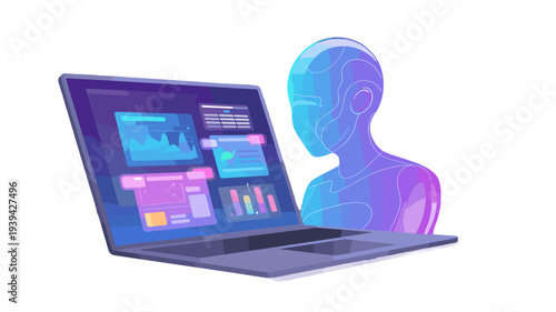 An illustration of a robot interacting with a laptop, showcasing advanced technology.