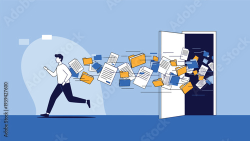 Man runs away from a dark doorway while many documents and folders fly out in a chaotic stream into the blue background.