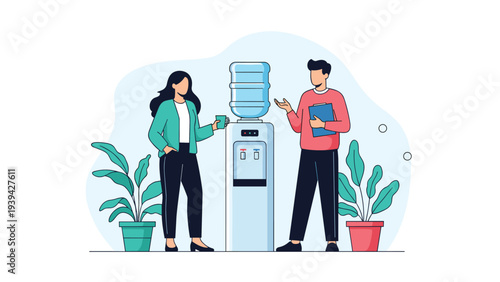 Man and woman stand by a water cooler in an office setting, holding cups and engaging in a casual conversation during a break.