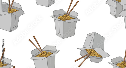Asian takeout noodle box vector food pattern seamless background for restaurant packaging