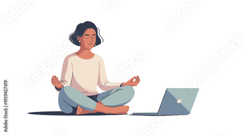 Serene woman practicing yoga in front of a laptop.