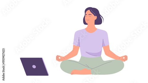 Woman Meditating Beside Laptop.