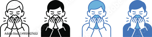 Person sneezing icon set. Person sneezing with droplets, indicating a cold or allergic reaction isolated on white background. Vector illustration.