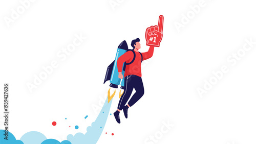 Ambitious man flies with a rocket backpack and wears a giant red foam finger, symbolizing extreme success and high motivation.