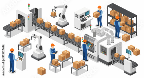 Modern Industrial Factory Automation with Robotic Arms, Conveyor Belts, and Workers - Vector Illustration