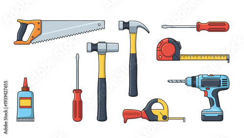 Wide array of DIY hand tools including a saw, hammer, screwdrivers, drill, tape measure, and clamp for maintenance and repair.