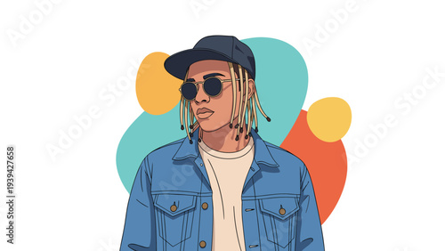 Portrait of a stylish man with blonde dreadlocks, a dark cap, and sunglasses against a background of abstract colorful shapes.