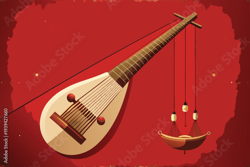 Traditional Chinese Lute (Pipa) Hanging with Lanterns on Red Background Stock Illustration