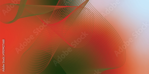 Flowing red, green, and black glowing ribbons twisting over a dark, moody background sprinkled with tiny sparkling particles, futuristic digital technology scene, vector style.