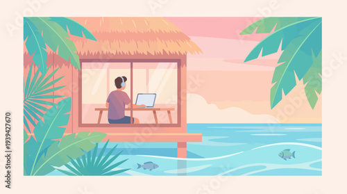 Young man working remotely from a tropical bungalow by the ocean with palm trees at sunset