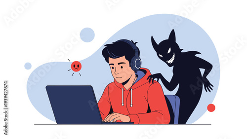 Young man using a laptop computer while a dark monster shadow looms behind him representing cyberbullying or online fear.