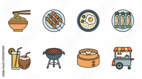 Creative Vector Set of Asian Food Icons Noodles, Skewers, Dim Sum, Street Food & Refreshments