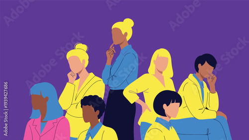 Diverse group of women in various poses thinking and reflecting against a purple background in a modern style.