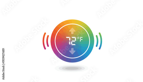 Smart Thermostat with Rainbow Gradient Display in Modern Minimalist Design on White Background for Home Automation