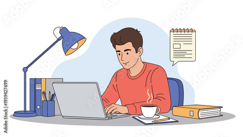 Young professional man working on a laptop at his desk with a cup of coffee and office supplies in a workspace.
