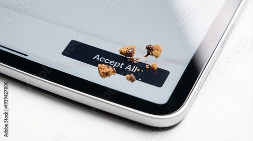 Foto Conceptual macro shot of real chocolate chip cookie crumbs resting on a tablet screen displaying an Accept All web button