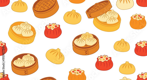 Asian Dumpling Food Pattern Vector Seamless Background with Steamed Buns and Dim Sum