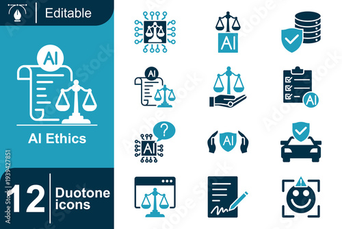 AI Ethics A Comprehensive Set of 12 Duotone Icons Representing Justice, Technology, and Law with Security and Fairness Concepts