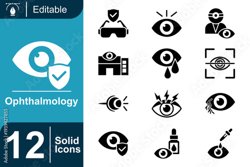 Ophthalmology icons collection featuring eye care, vision health, and medical symbols for optical services and eye examination