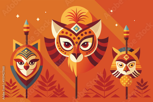 Tribal Animal Masks with Spears on Orange Background Flat Design