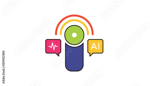 Microphone with AI and sound wave icons in modern flat design with bright colorful lighting for tech