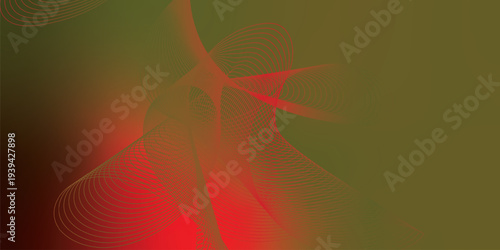 Flowing red, green, and black glowing ribbons twisting over a dark, moody background sprinkled with tiny sparkling particles, futuristic digital technology scene, vector style.