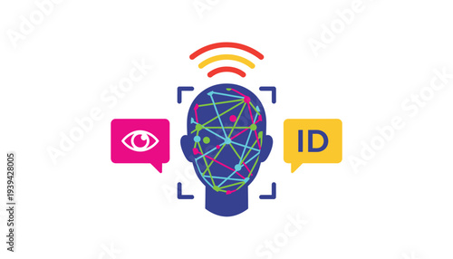 Facial Recognition Technology with Vibrant Neon Lines and Speech Bubbles in Futuristic Digital Illustration for Cybersecurity