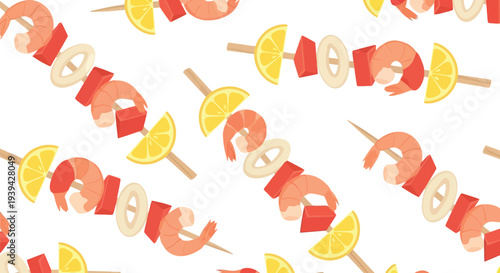 Seamless shrimp skewer vector food pattern with lemon slices and seafood on white background