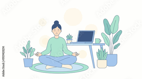 Mindful individual finding tranquility with home meditation, promoting wellness and work-life balance