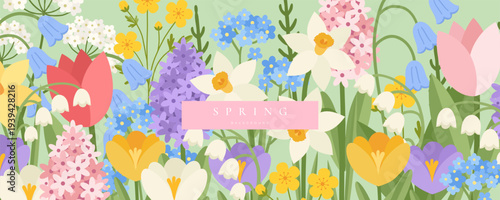 Spring  banner with tulip, daffodil, crocus, hyacinth, bluebell, daisy, lily of the valley, forget me not flowers. Floral art template for sale, Womens Day, Mothers Day, Easter, birthday.