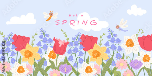 Hello Spring horizontal banner with hand drawn bloom flowers. Perfect for spring holidays, seasonal sale, Women’s Day, Mother’s Day, Easter. Botanical Vector illustration.