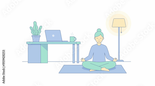 Peaceful woman meditating in lotus pose at home office desk with laptop and plant