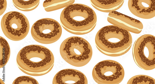 Seamless donut food pattern vector with chocolate topping, bakery dessert background