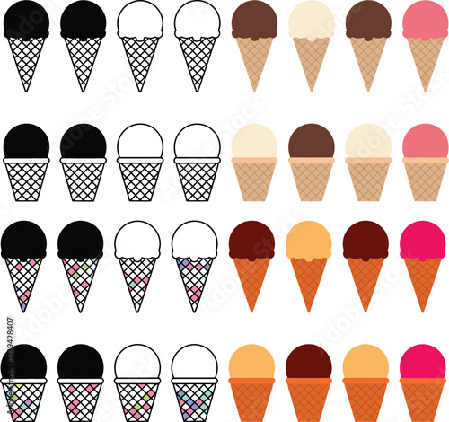 Ice Cream Cone Icon Set with Waffle Cones and Gelato Scoops in Solid Outline and Colorful Vector Styles
