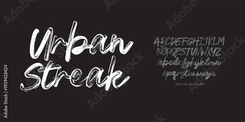 Urban brush streak font alphabet, bold textured lettering on black, modern and expressive, perfect for creative branding, edgy posters, and trendy digital designs.
