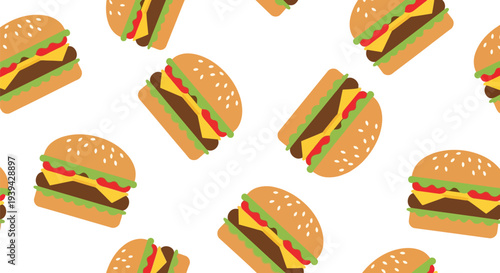 Seamless Burger Food Pattern Vector with Cheese and Lettuce on White Background