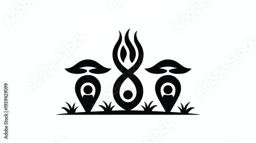three abstract humanoid figures with flames and grass