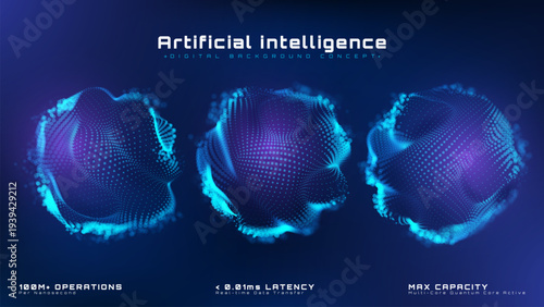 Glowing artificial intelligence smart brain set. Futuristic AI machine deep learning design concepts. Blue technology background.