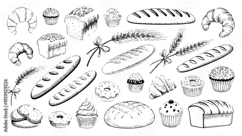 Variety of bread and baked goods illustrations