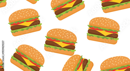 Seamless burger vector food pattern with cheeseburgers on white background for fast food design