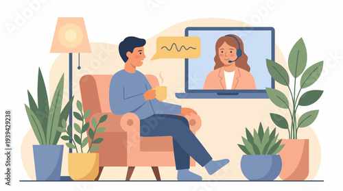 Online therapy session A man communicates with a therapist via video call on a laptop