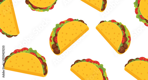 Seamless taco vector food pattern with Mexican cuisine elements on white background