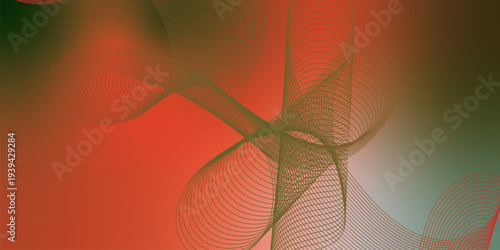 Flowing red, green, and black glowing ribbons twisting over a dark, moody background sprinkled with tiny sparkling particles, futuristic digital technology scene, vector style.