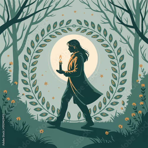 woman walking in forest with candle and moonlight  serene nature scene