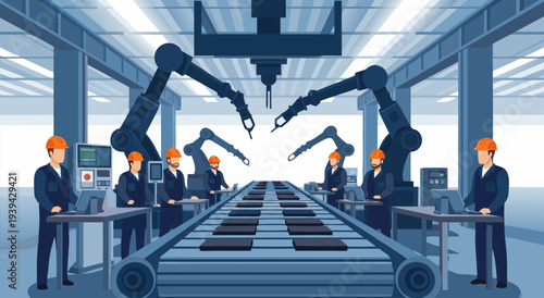 Vector illustration of an automated factory assembly line with robotic arms and workers in hard hats on a production floor