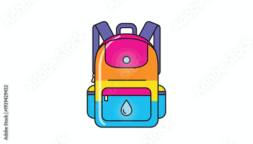 Colorful Backpack with Water Drop Icon in Flat Design Style with Bright Colors and Simple Texture for Education