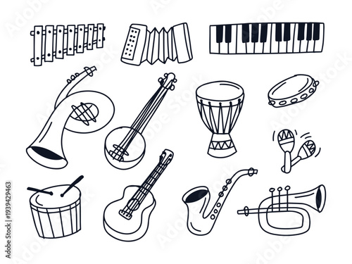 Doodle Music Instruments Set Outline Icons Collection