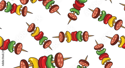 Grilled Skewers Food Pattern Vector Seamless Background for BBQ and Summer Design