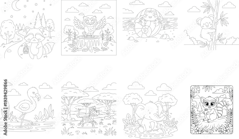 Obraz premium Magical and Safari Animals Coloring Pages: Fox, Owl, Flamingo, Elephant